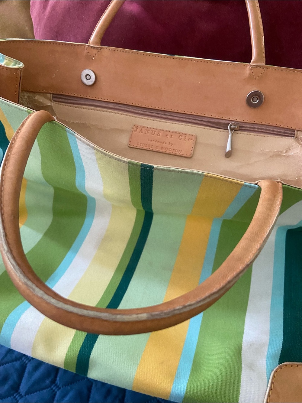 Janus et Cie  by Stubbs and Wooton canvas and leather trim tote - rare find